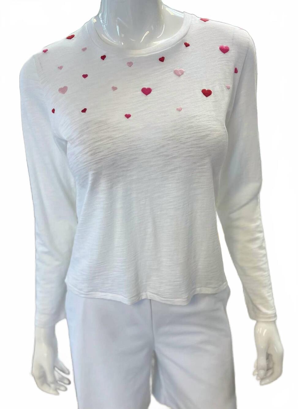 NEW CHRLDR women's embroidered hearts long sleeve perfect tee in white